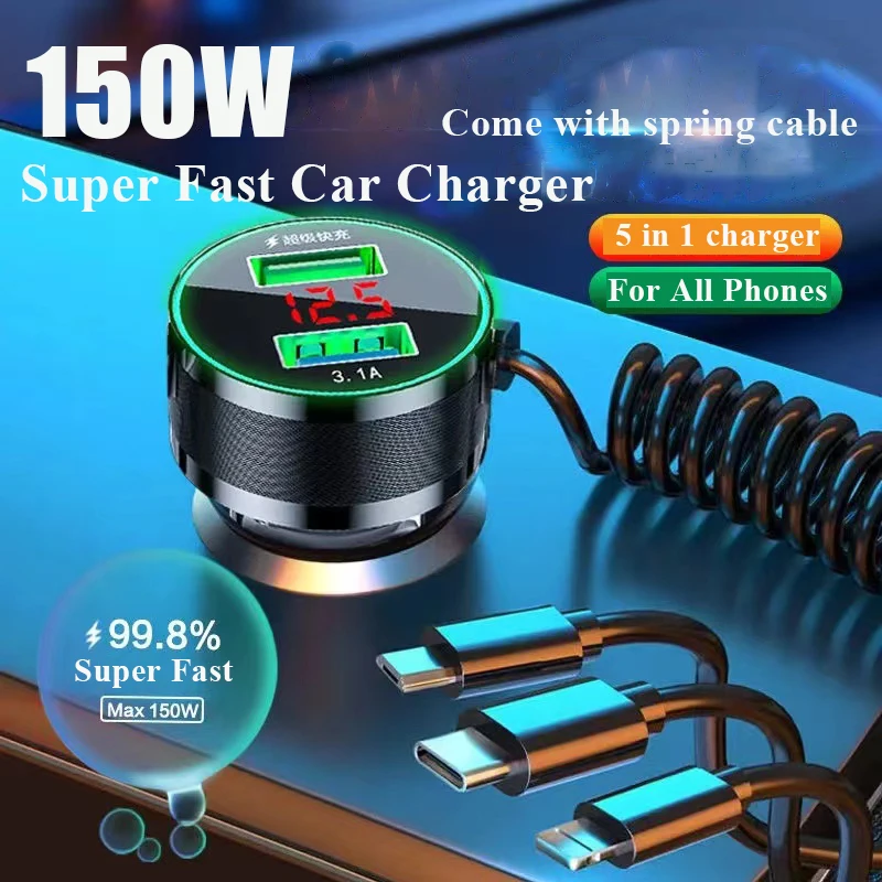 150W Car Usb Charger 3.0 Quick Charge with Cable 3 in 1 and LCD for iPhone 13 12 11 Pro max iPad Xiaomi Samsung Mobile Phones
150W Car Usb Charger 3.0 Quick Charge with Cable 3 in 1 and LCD for iPhone 13 12 11 Pro max iPad Xiaomi Samsung Mobile Phones