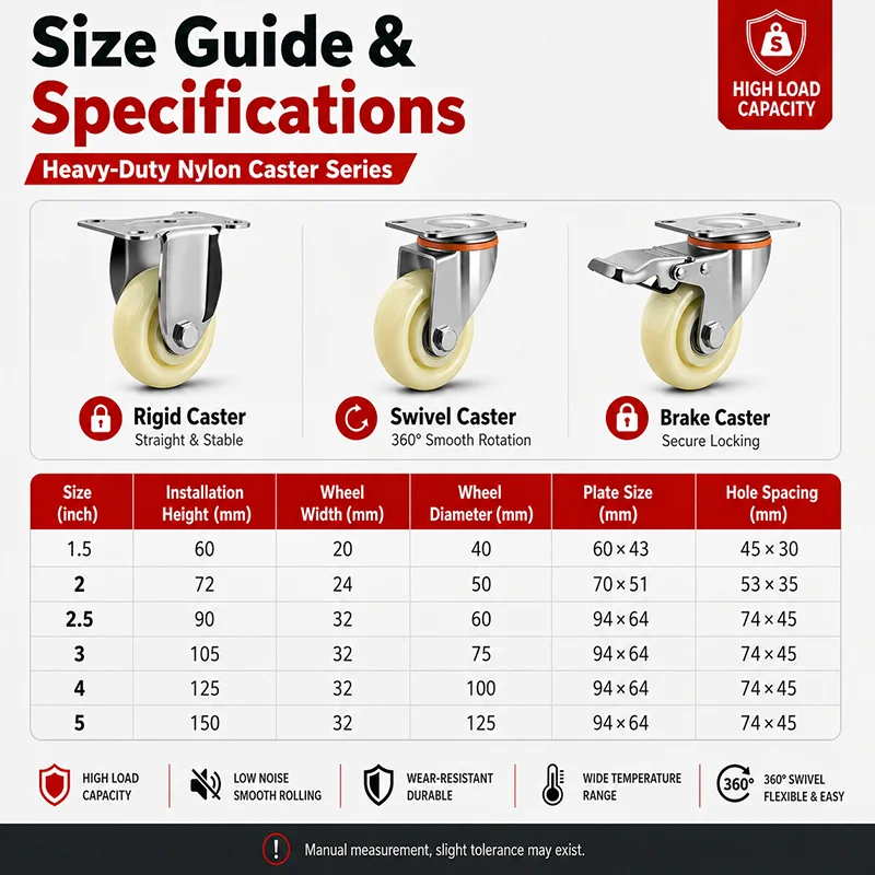 Nylon Wheel Universal Casters – Swivel, Directional, and Brake Casters, Load Capacity 300/350/400KG, 3/4/5 Inch Sizes
Nylon Wheel Universal Casters – Swivel, Directional, and Brake Casters, Load Capacity 300/350/400KG, 3/4/5 Inch Sizes