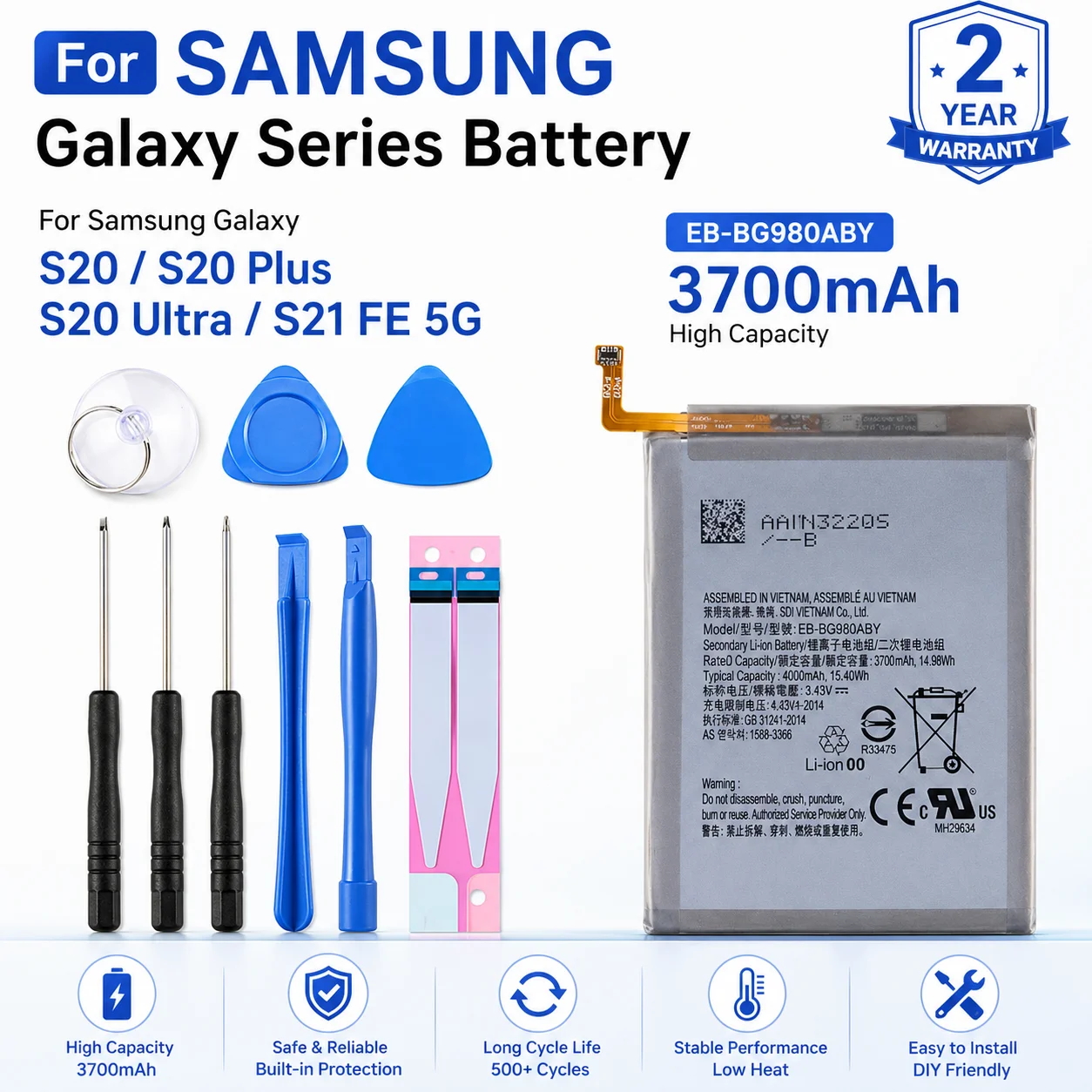 5000mAh Li-ion Polymer Replacement Battery For Samsung Galaxy S20 Ultra 5G SM-G988 With Adhesive Sticker & Repair Tools
5000mAh Li-ion Polymer Replacement Battery For Samsung Galaxy S20 Ultra 5G SM-G988 With Adhesive Sticker & Repair Tools