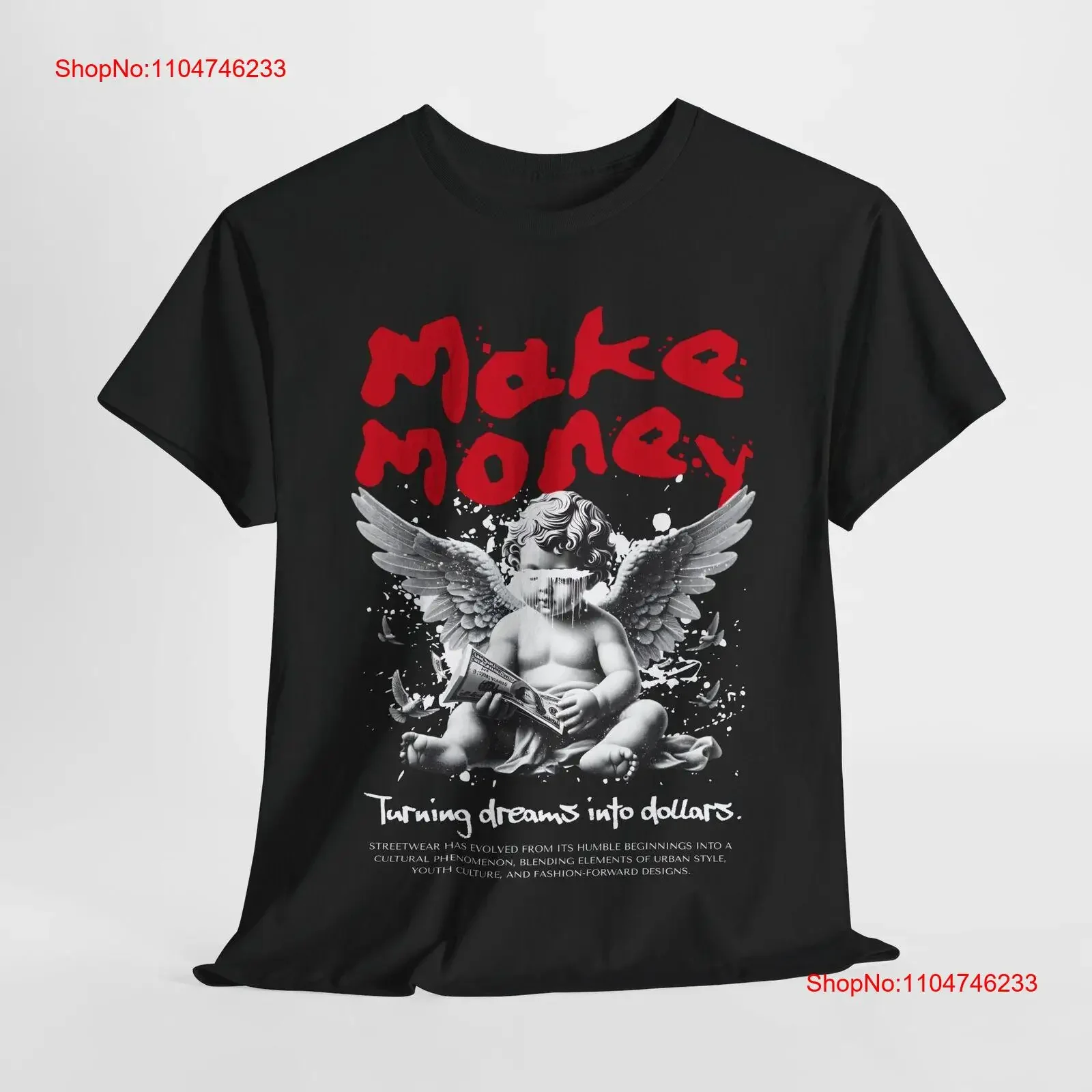 Mens T Shirt Bold 'Make Money' Design Cherubic Image Urban Streetwear Style vintage Washed Stylish Stretched
Mens T Shirt Bold 'Make Money' Design Cherubic Image Urban Streetwear Style vintage Washed Stylish Stretched