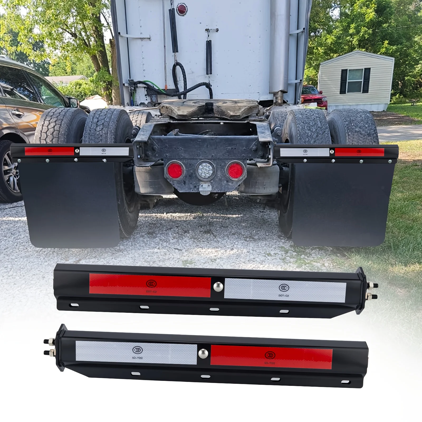 Set of Hangers for Mud Flaps with a Black Straight Design, Featuring 1-1/8" Bolt Spacing And Reflective Tapes, Suitable for Semi
Set of Hangers for Mud Flaps with a Black Straight Design, Featuring 1-1/8" Bolt Spacing And Reflective Tapes, Suitable for Semi