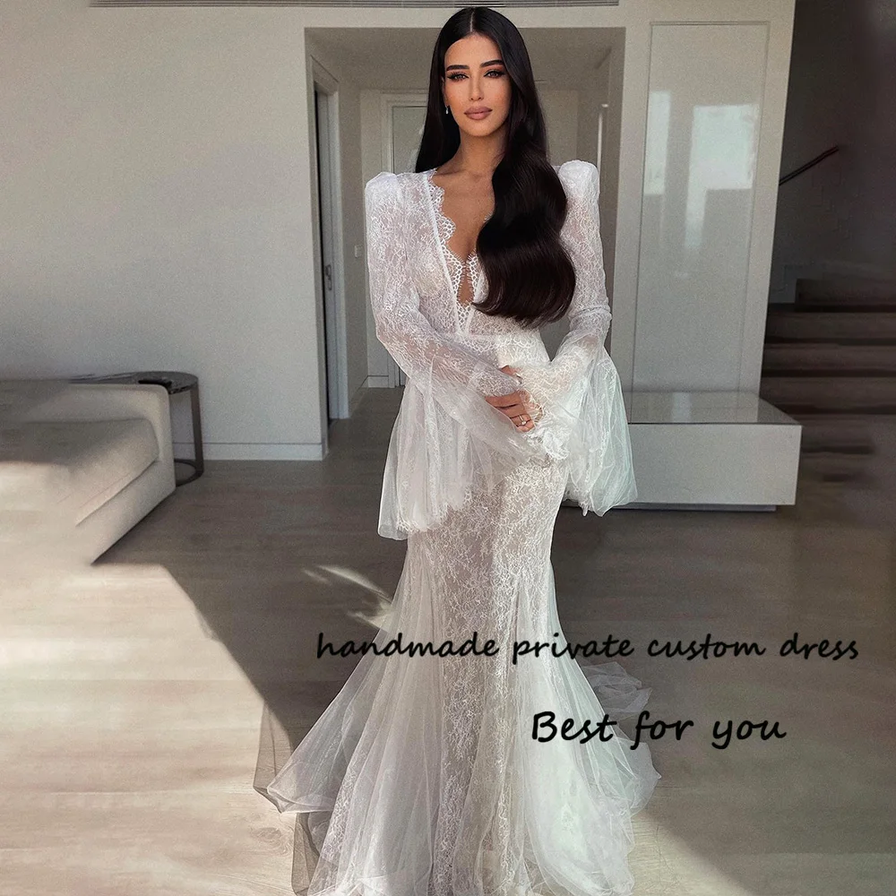 Lxury Lace Mermaid Wedding Dresses Long Sleeve Illusion Tulle Boho Bride Dress Deep V Neck Beach Bridal Gowns Customized
Lxury Lace Mermaid Wedding Dresses Long Sleeve Illusion Tulle Boho Bride Dress Deep V Neck Beach Bridal Gowns Customized