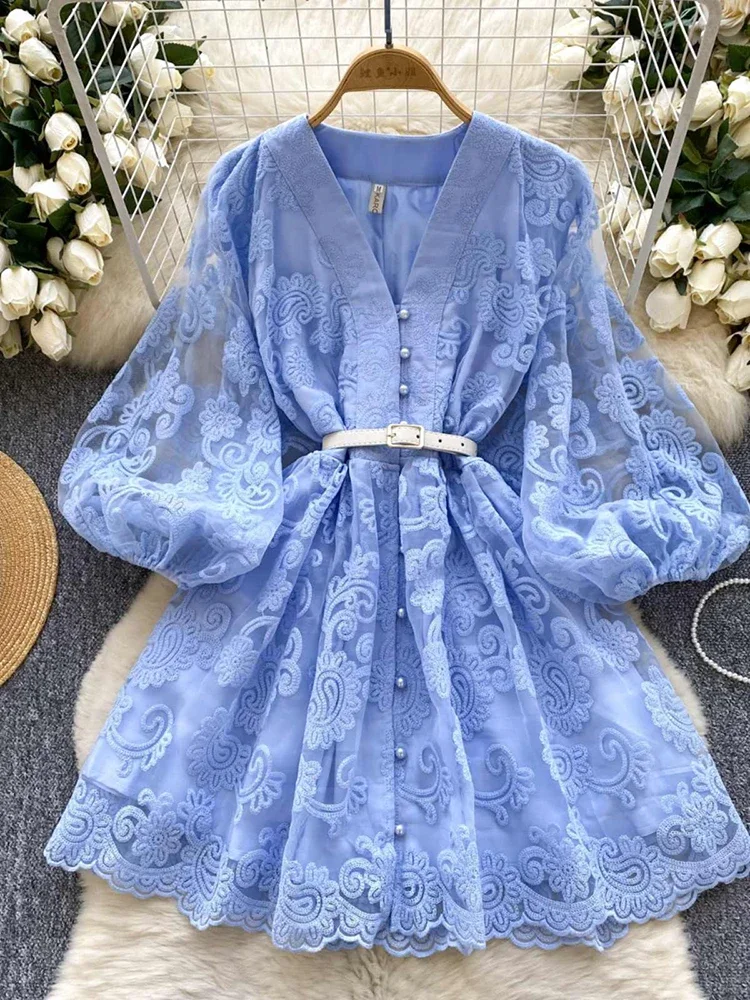 Summer French Sweet V-neck Dress Women's Lantern Sleeves Embroidered Waist Single Breasted A-line Mini Elegant Party Dress C187
Summer French Sweet V-neck Dress Women's Lantern Sleeves Embroidered Waist Single Breasted A-line Mini Elegant Party Dress C187