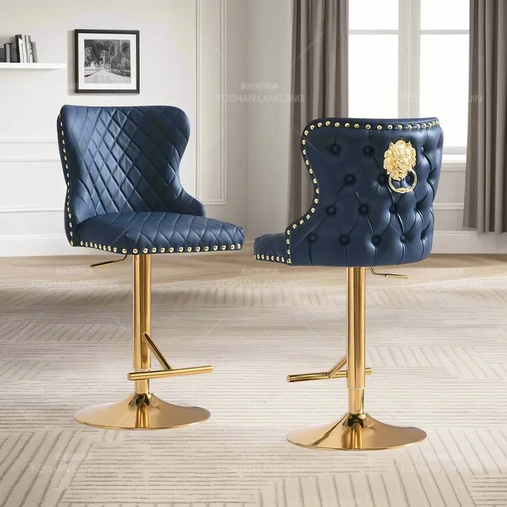 Luxury Tufted Lion Knocker Nailed Velvet Leather Sliver Gold Base Swivel Metal High Chair Bar Stool for Bar Table With Back Rest
Luxury Tufted Lion Knocker Nailed Velvet Leather Sliver Gold Base Swivel Metal High Chair Bar Stool for Bar Table With Back Rest