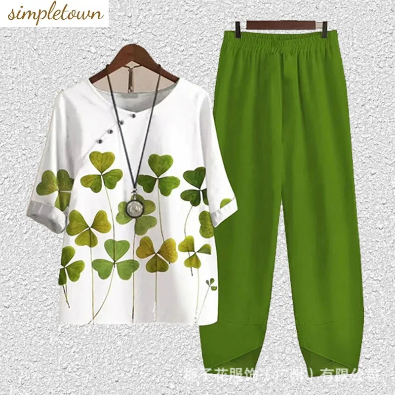 European and American cross-border fashion new women's short sleeved printed top+pants two-piece set
European and American cross-border fashion new women's short sleeved printed top+pants two-piece set