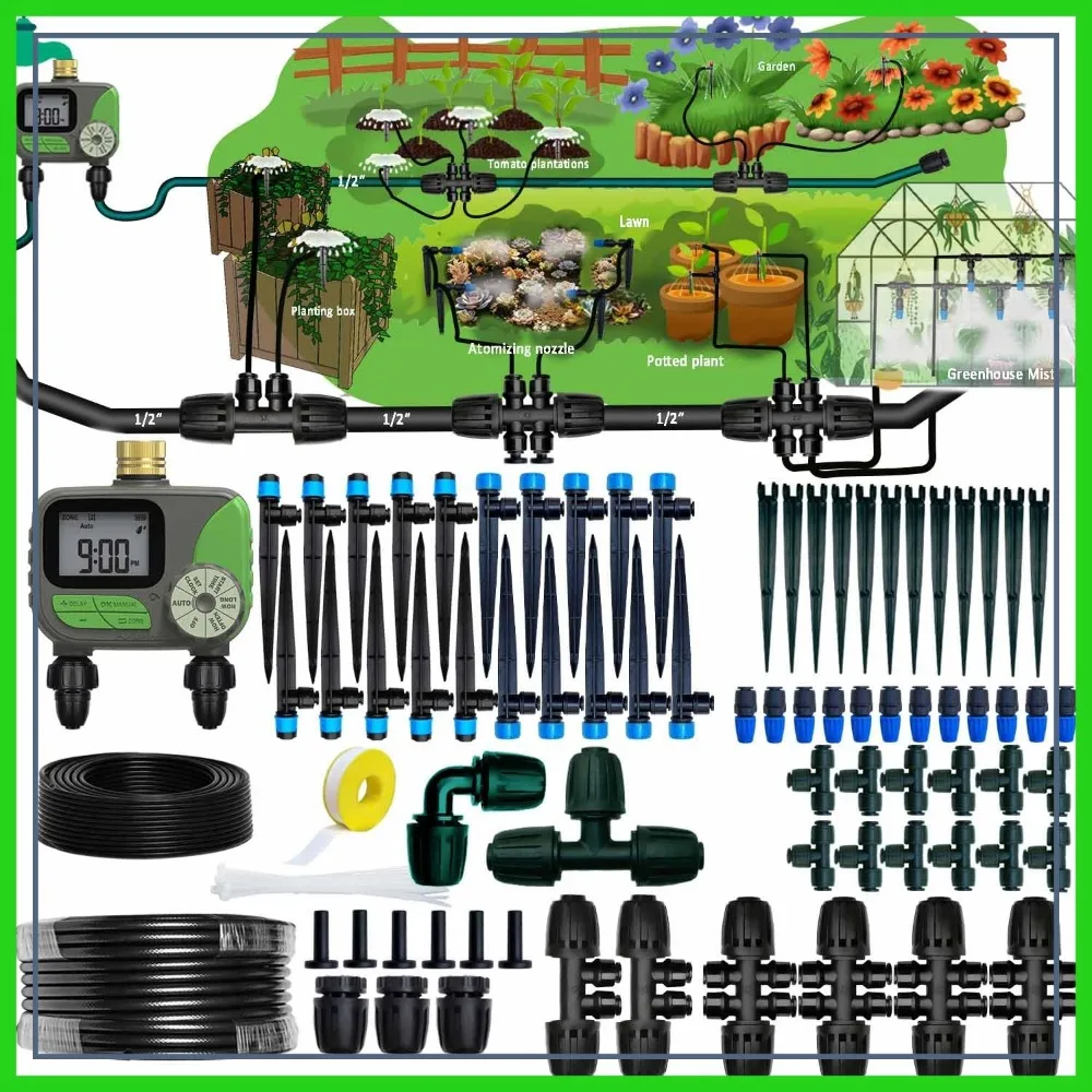 Drip Irrigation System with Water Timer, 1/2" 32ft & 1/4" 136ft Tubing, 2-Zone Automatic Watering for Garden
Drip Irrigation System with Water Timer, 1/2" 32ft & 1/4" 136ft Tubing, 2-Zone Automatic Watering for Garden