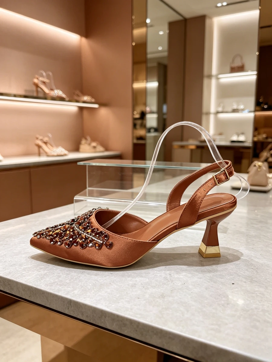 Warm Brown Satin Amber Leaf Floral Crystal Pointed Slingback Metal Block Heels, Glam Runway Formal High Heels For Mature Ladies
Warm Brown Satin Amber Leaf Floral Crystal Pointed Slingback Metal Block Heels, Glam Runway Formal High Heels For Mature Ladies