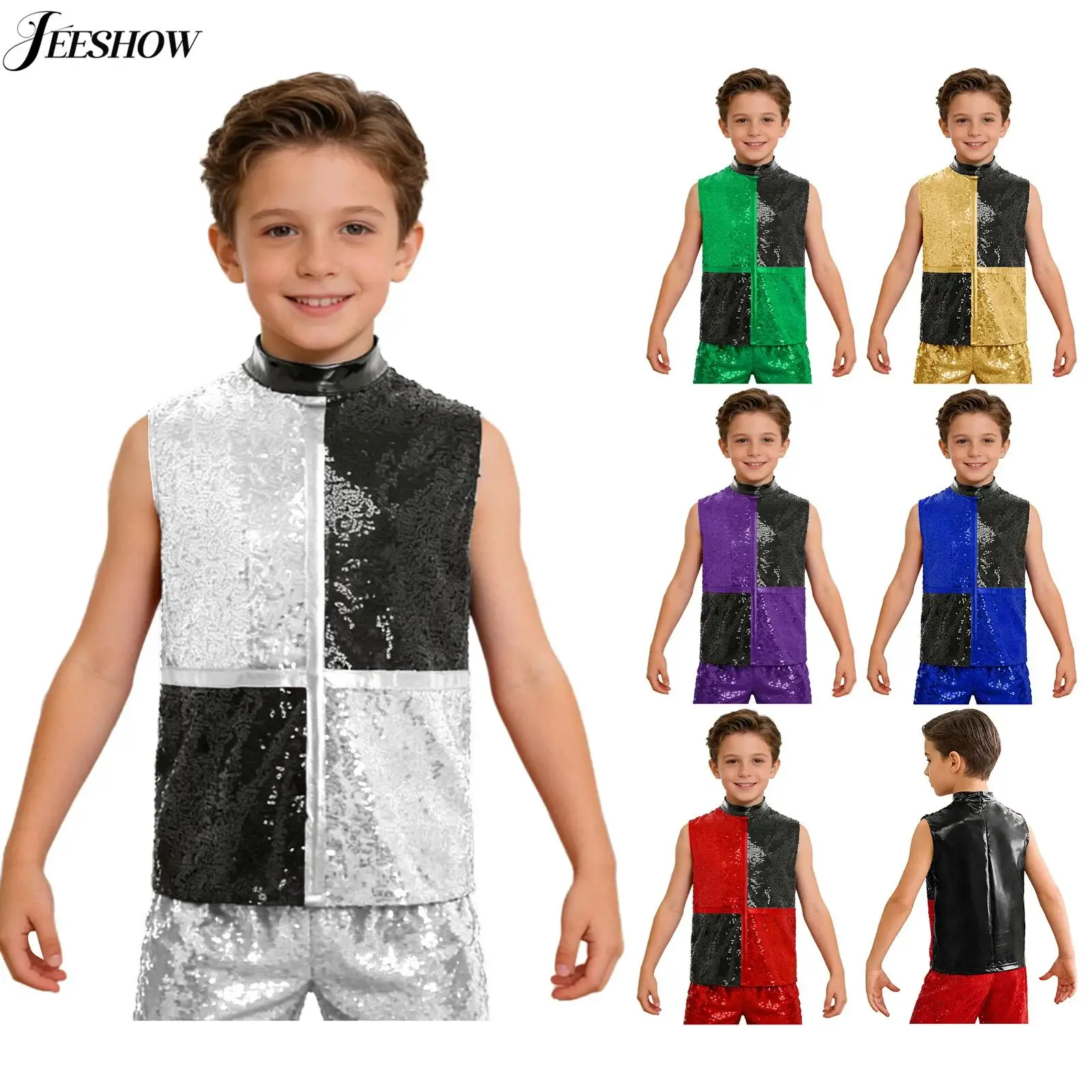 Boys Jazz Dance Performance Vest Top Color Block Sequined Mock Neck Sleeveless Tank Top Hip Hop Stage Show Waistcoat Costume
Boys Jazz Dance Performance Vest Top Color Block Sequined Mock Neck Sleeveless Tank Top Hip Hop Stage Show Waistcoat Costume