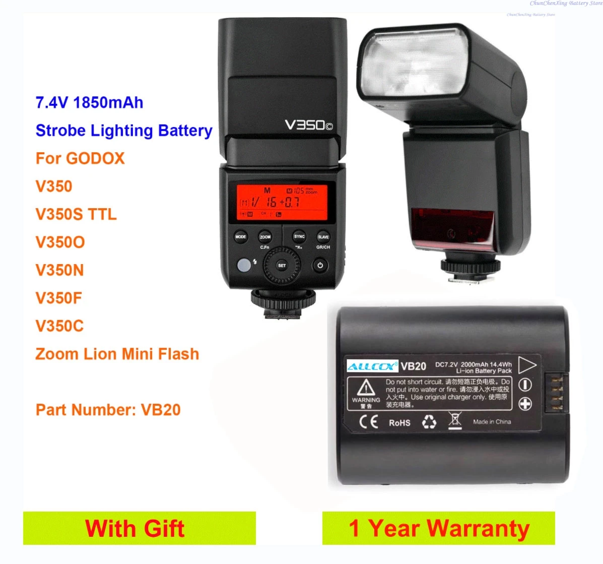 ALLCCX 7.2V 2000mAh Strobe Lighting Battery VB20 for GODOX V350, V350S TTL, V350O, V350N,V350F,V350C, Zoom Lion Mini Flash
ALLCCX 7.2V 2000mAh Strobe Lighting Battery VB20 for GODOX V350, V350S TTL, V350O, V350N,V350F,V350C, Zoom Lion Mini Flash