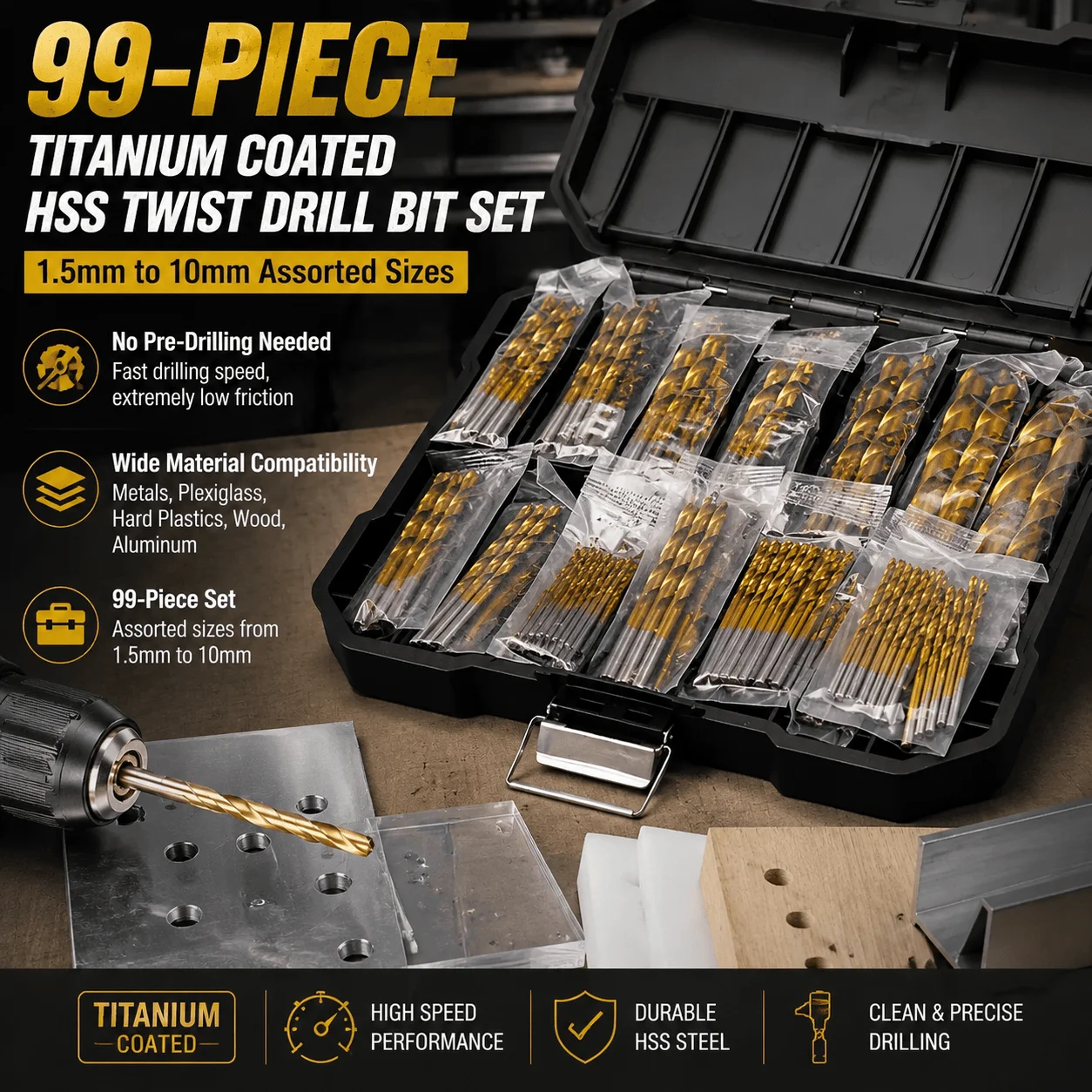 99Pcs Titanium Drill Bit Set High Speed Steel Drill Bits for Steel Plate Wood Plastic Metal Copper Alloy Woodworking Hole Opener with Portable Case Ultra Sharp Cutting Bits for Professional DIY Home Workshop
99Pcs Titanium Drill Bit Set High Speed Steel Drill Bits for Steel Plate Wood Plastic Metal Copper Alloy Woodworking Hole Opener with Portable Case Ultra Sharp Cutting Bits for Professional DIY Home Workshop