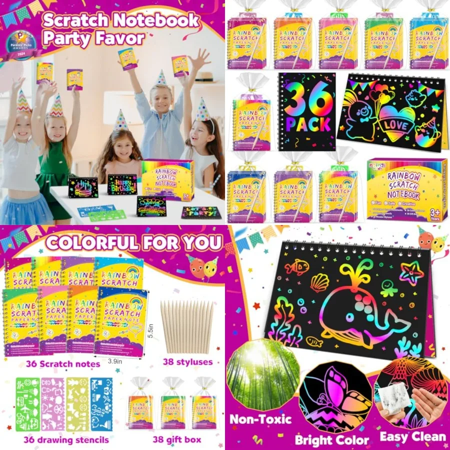 Party Favors for 4-8-12: Scratch Rainbow Art Notebook, Colorful Crafts Goodie Bags Kit, Bulk Gifts for Valentines Easter Basket
Party Favors for 4-8-12: Scratch Rainbow Art Notebook, Colorful Crafts Goodie Bags Kit, Bulk Gifts for Valentines Easter Basket