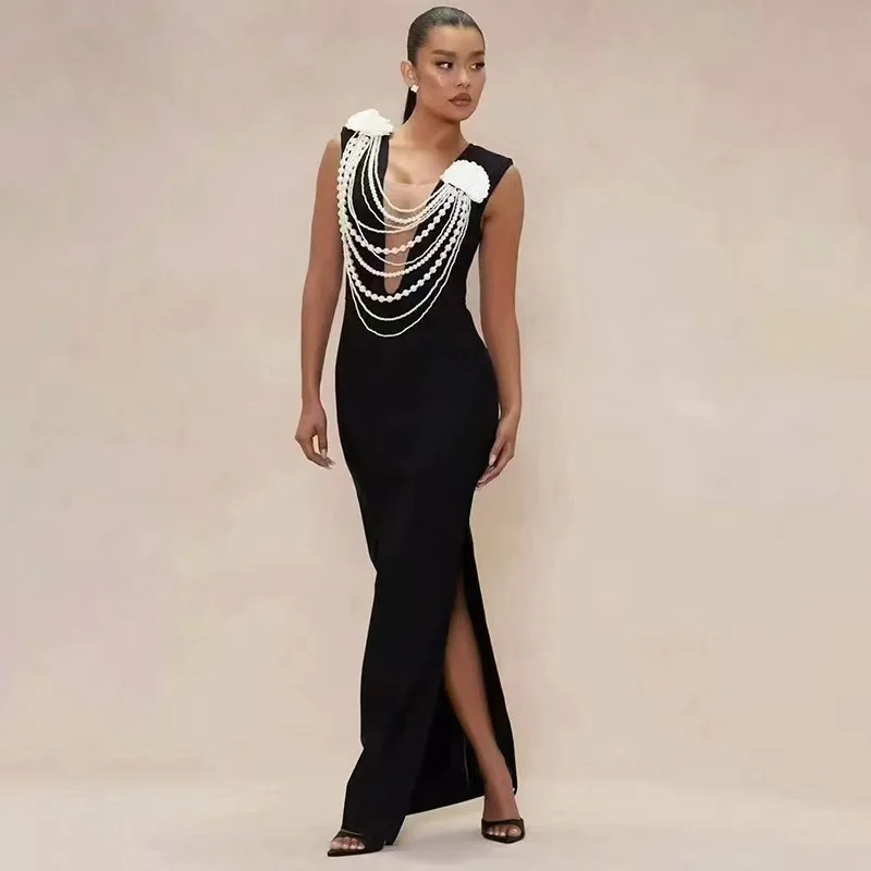 Luxury Pearl Chain Flower Slim Dresses Spring Women Sleeveless V Neck Split Dress Summer High Waist Zipper Ankle Length Dress
Luxury Pearl Chain Flower Slim Dresses Spring Women Sleeveless V Neck Split Dress Summer High Waist Zipper Ankle Length Dress