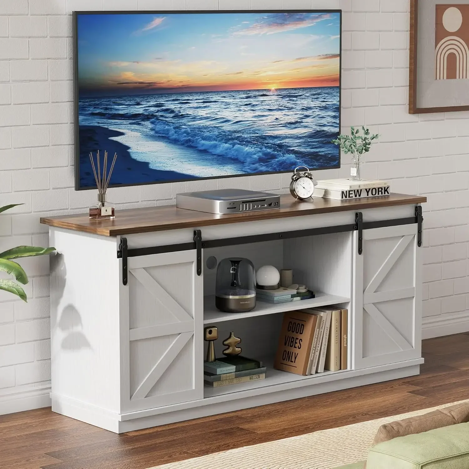 Farmhouse TV Stand for Televisions up to 65 Inches, Sliding Barn Doors and Storage Cabinets, Console Table and Media Furniture
Farmhouse TV Stand for Televisions up to 65 Inches, Sliding Barn Doors and Storage Cabinets, Console Table and Media Furniture