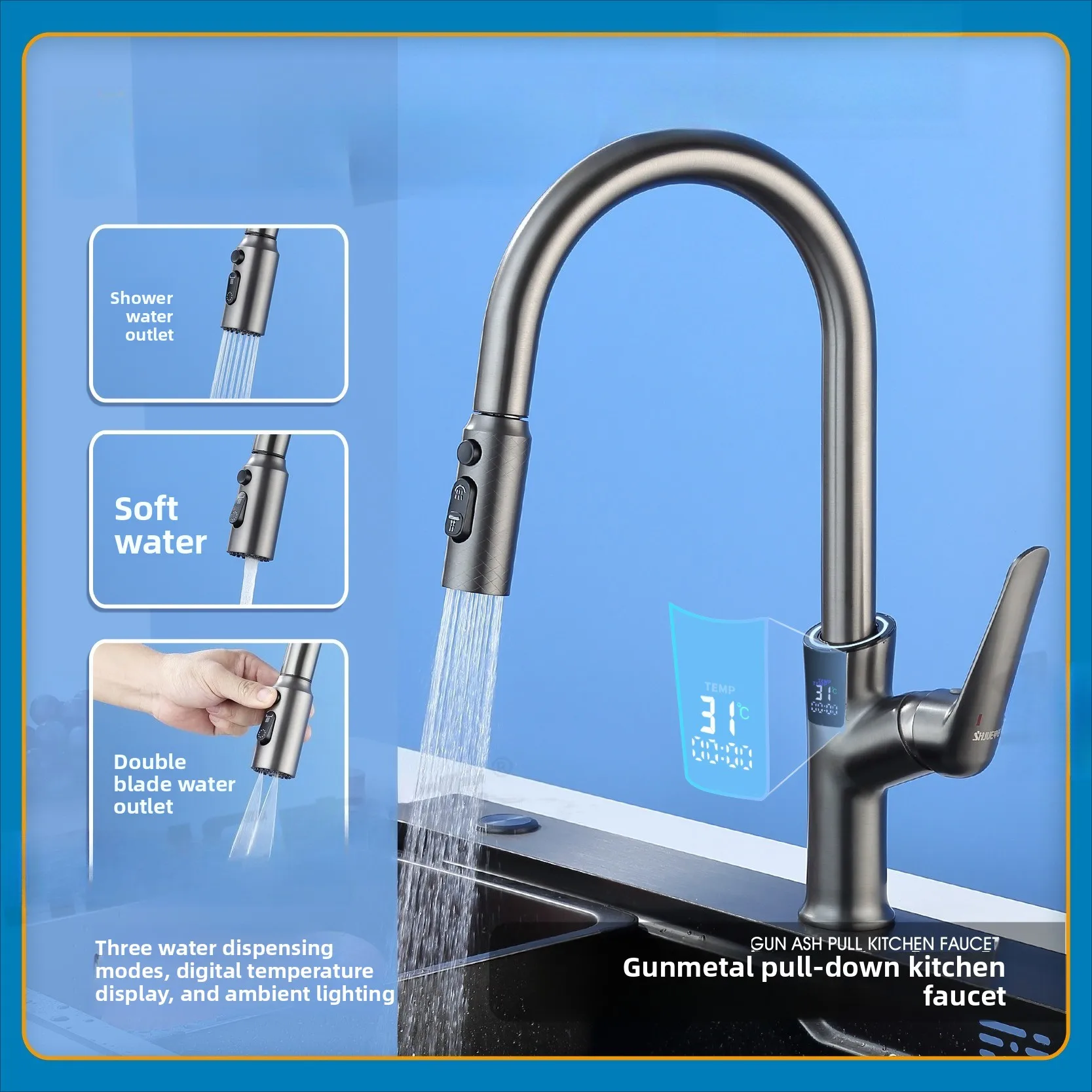 Смеситель для кухни с выдвижным изливом, цифровым дисплеем, серый, латунный, с защитой от брызг, для раковины, подача горячей и холодной воды
Смеситель для кухни с выдвижным изливом, цифровым дисплеем, серый, латунный, с защитой от брызг, для раковины, подача горячей и холодной воды