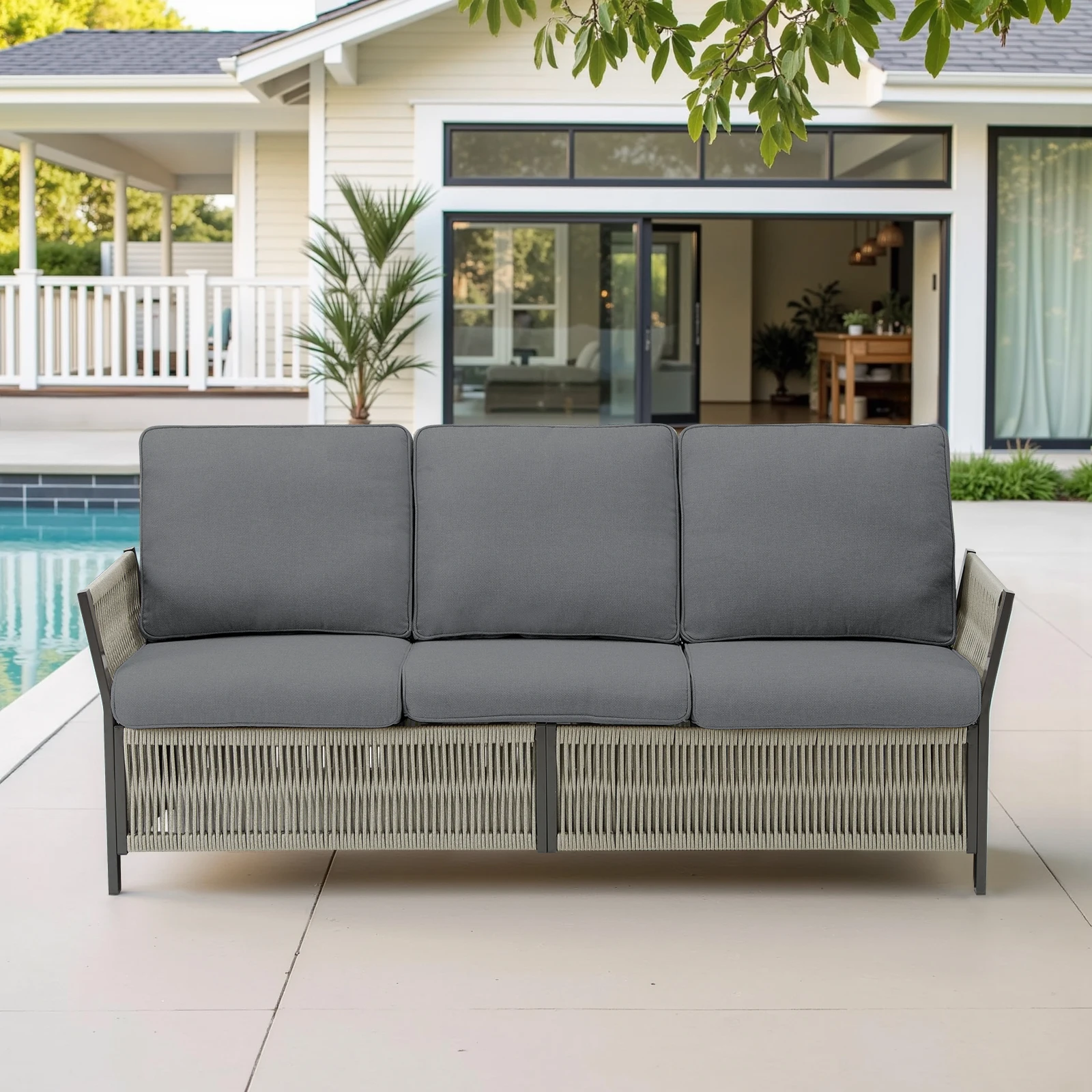 73.6" Outdoor 3-Seat PE Rattan Ventilated Wicker Couch With 4" Gray Olefin Cushions All-Weather Steel Frame Outdoor Sofa
73.6" Outdoor 3-Seat PE Rattan Ventilated Wicker Couch With 4" Gray Olefin Cushions All-Weather Steel Frame Outdoor Sofa