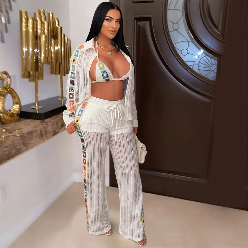 Jacquard Knitted 3 Piece Set Women Lace Up Bra + Long Sleeve Single Breasted Cardigans + Wide Leg Pants Casual Vacation Suits
Jacquard Knitted 3 Piece Set Women Lace Up Bra + Long Sleeve Single Breasted Cardigans + Wide Leg Pants Casual Vacation Suits