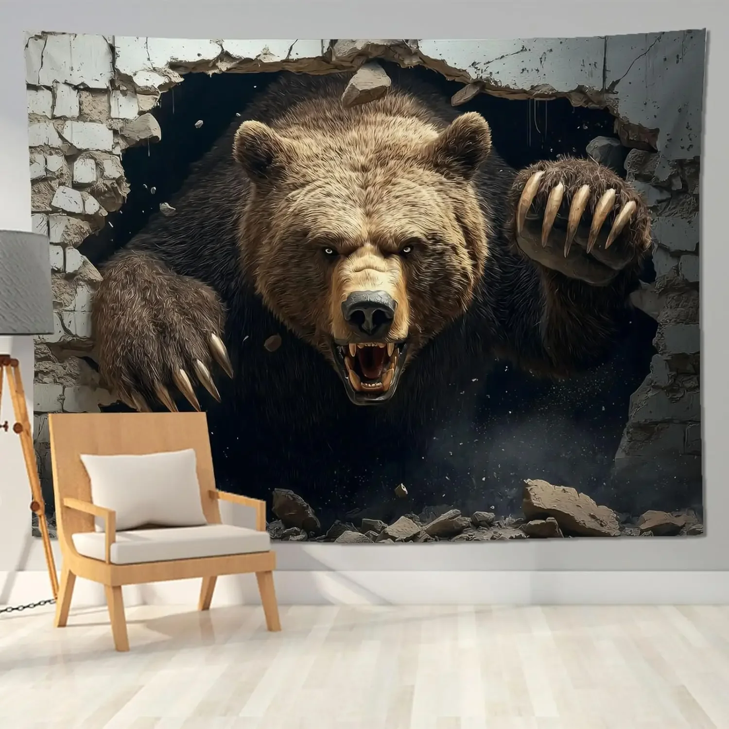 Гобелен с медведем D Bear: Реалистичный изображение медведя-грозовика, прорывающегося сквозь стену. Уникальное животное искусство для спальни, гостиной, общежития или домашнего декора.
Гобелен с медведем D Bear: Реалистичный изображение медведя-грозовика, прорывающегося сквозь стену. Уникальное животное искусство для спальни, гостиной, общежития или домашнего декора.