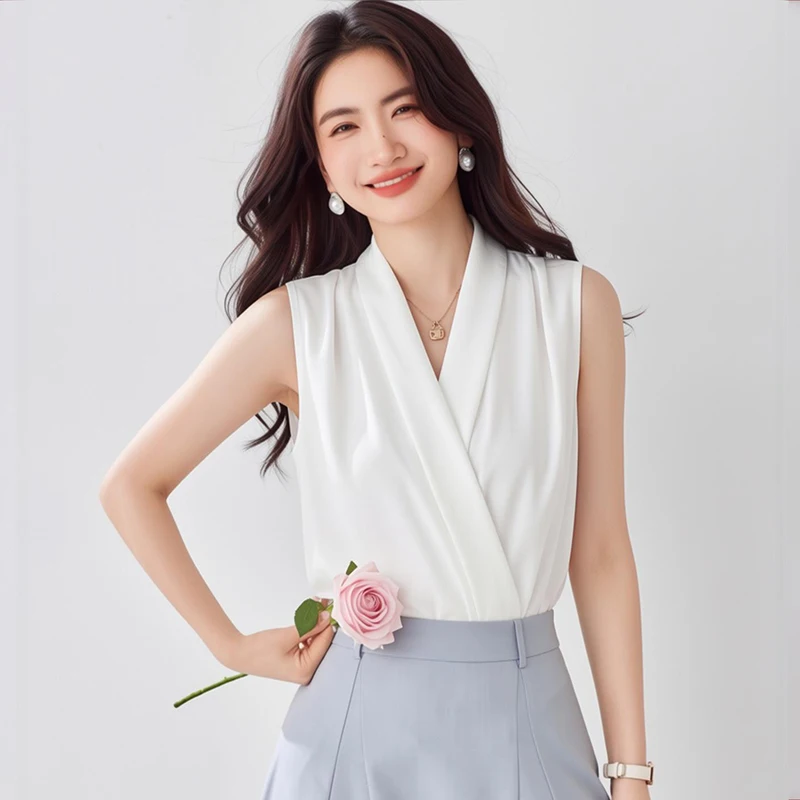 Summer Sexy Sleeveless Chiffon Blouse for 2026 New V-Neck Stain Shirt OL Eleagnt Female Tops Solid Color Clothing KN2125
Summer Sexy Sleeveless Chiffon Blouse for 2026 New V-Neck Stain Shirt OL Eleagnt Female Tops Solid Color Clothing KN2125
