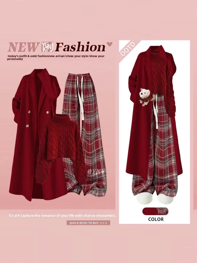Red Knitted Sweater Plaid Wide Leg Pants Three Piece Set Women's Winter Fashion Ensemble New Year Zodiac Year Atmosphere Coat
Red Knitted Sweater Plaid Wide Leg Pants Three Piece Set Women's Winter Fashion Ensemble New Year Zodiac Year Atmosphere Coat