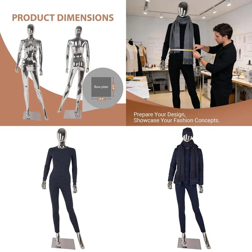 Elegant Tall Female Mannequin with Stable Metal Base, Adjustable Arms, Detachable, Silver
Elegant Tall Female Mannequin with Stable Metal Base, Adjustable Arms, Detachable, Silver