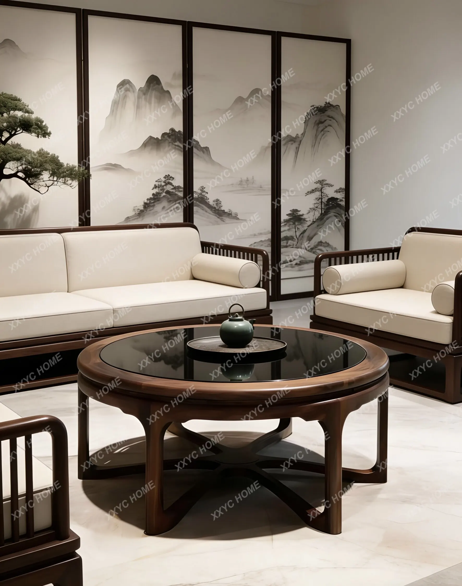 LNew Chinese style all-solid wood round glass surface coffee table living room small apartment
LNew Chinese style all-solid wood round glass surface coffee table living room small apartment