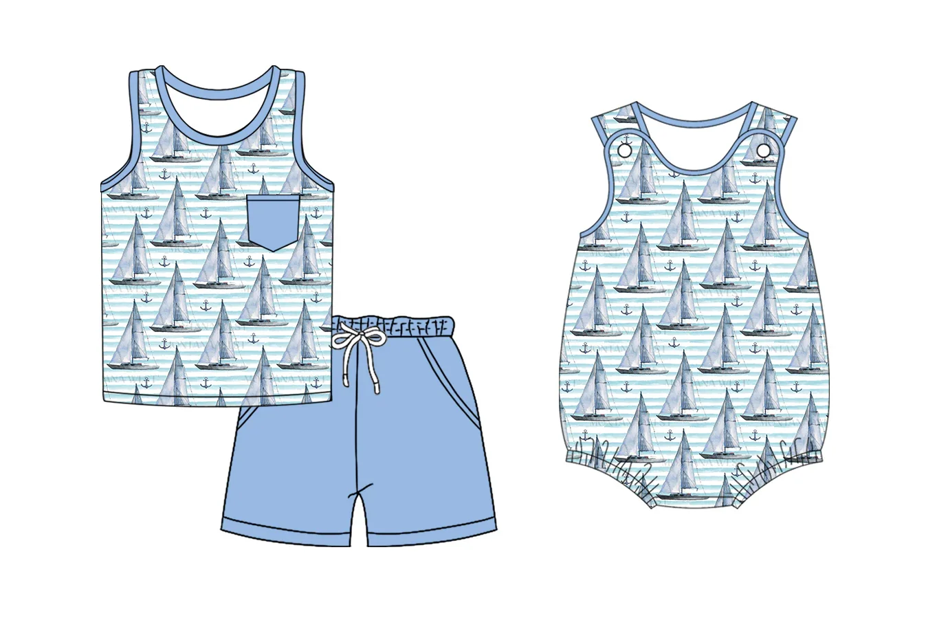 Customized baby milk silk clothing summer boutique round neck sleeveless suit boy jumpsuit sailboat print new design clothing wh
Customized baby milk silk clothing summer boutique round neck sleeveless suit boy jumpsuit sailboat print new design clothing wh