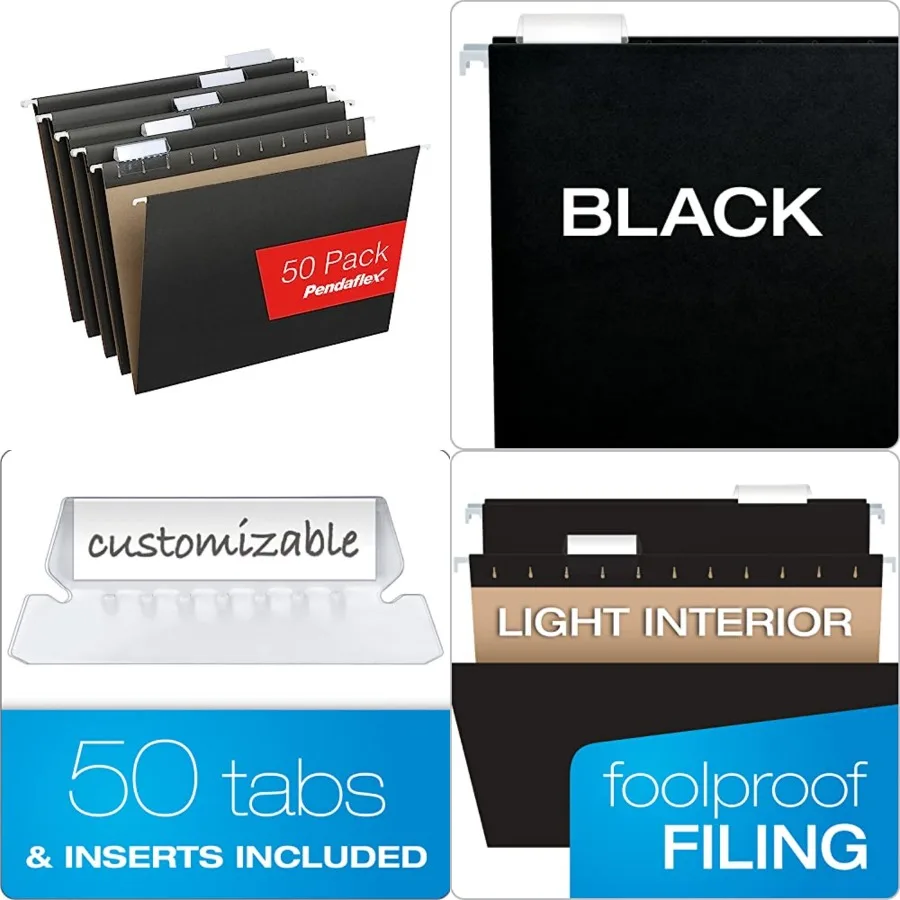 Black Hanging File Folders, 8.5 X 11 Letter Size with 1/5 Cut Adjustable Tabs - 50 Pack
Black Hanging File Folders, 8.5 X 11 Letter Size with 1/5 Cut Adjustable Tabs - 50 Pack