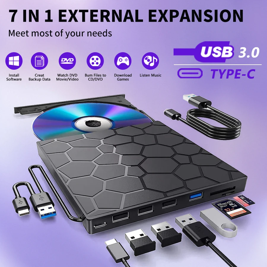 Внешний DVD-привод 7 в 1 с USB 3,0 и Type C, устройство записи с оптическим диском, CD/DVD-плеером, устройство записи компакт-дисков для ноутбука и настольного компьютера
Внешний DVD-привод 7 в 1 с USB 3,0 и Type C, устройство записи с оптическим диском, CD/DVD-плеером, устройство записи компакт-дисков для ноутбука и настольного компьютера