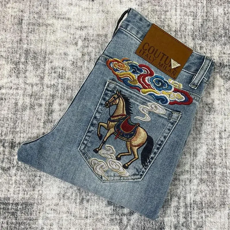 Men's Light Blue Denim Jeans with Horse Embroidery, Casual Slim Straight Pants, Streetwear Fashion Trousers
Men's Light Blue Denim Jeans with Horse Embroidery, Casual Slim Straight Pants, Streetwear Fashion Trousers