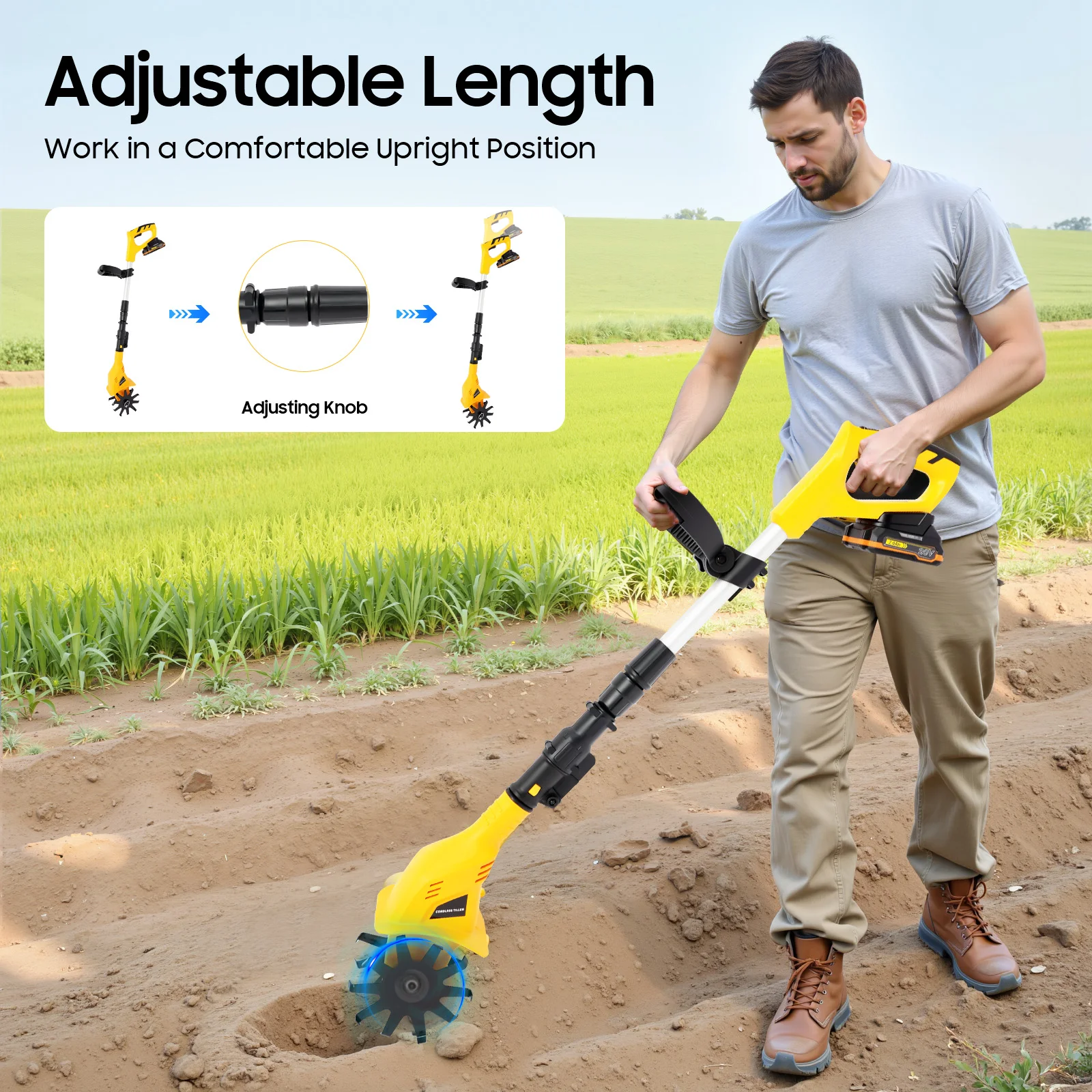 Cordless Tilling Cultivator 20V Li-Ion Battery Powered Soil Loosening Machine 250rpm Copper Motor Adjustable Telescoping Pole
Cordless Tilling Cultivator 20V Li-Ion Battery Powered Soil Loosening Machine 250rpm Copper Motor Adjustable Telescoping Pole