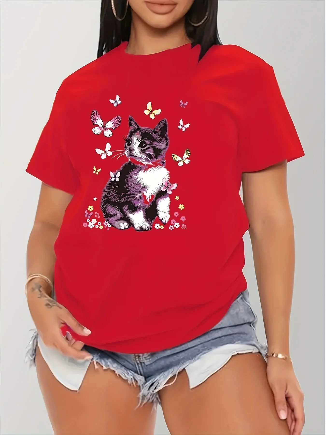 Neck Top for Spring & Summer Women's Clothing Cat Print T-shirt Casual Short Sleeve Crew Aesthetic Clothes
Neck Top for Spring & Summer Women's Clothing Cat Print T-shirt Casual Short Sleeve Crew Aesthetic Clothes