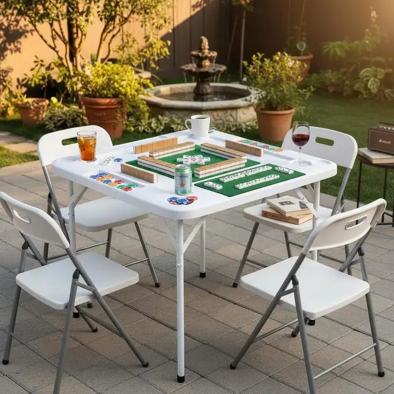 Mahjong Table, Domino Table, Folding Card Table for 4 Players with 4 Cup Holders & 4 Chip Trays, Portable Domino Game Table with 1 Set of Dominoes for Mahjong Poker Puzzles
Mahjong Table, Domino Table, Folding Card Table for 4 Players with 4 Cup Holders & 4 Chip Trays, Portable Domino Game Table with 1 Set of Dominoes for Mahjong Poker Puzzles