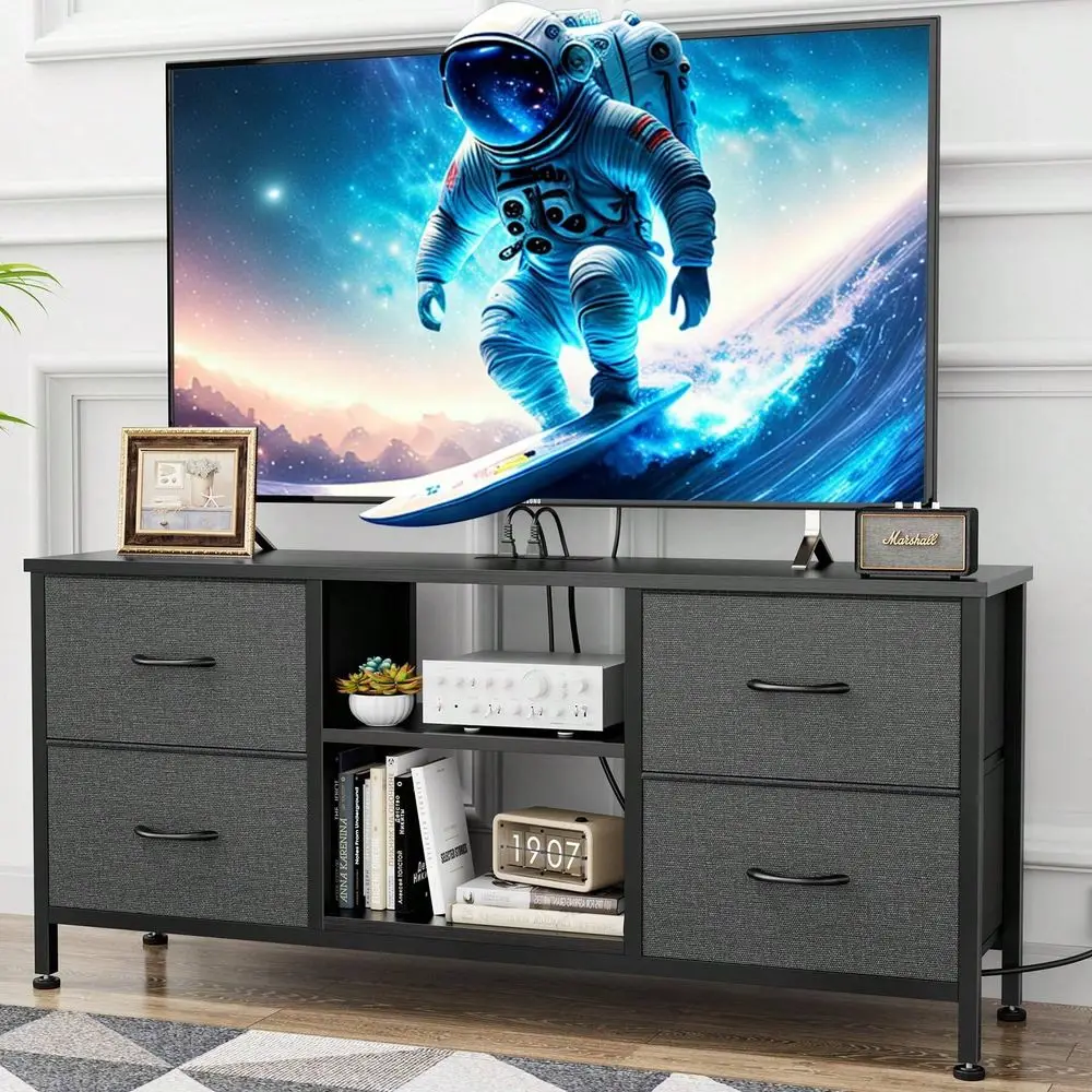 Dresser TV Stand For 50 TV, Fabric Dresser With 4 Drawers And Power Outlet, Modern Entertainment Center With Open Shelves For Li
Dresser TV Stand For 50 TV, Fabric Dresser With 4 Drawers And Power Outlet, Modern Entertainment Center With Open Shelves For Li