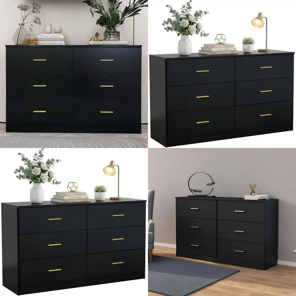 6-Drawer Chest with Gold Handles, Double Door Wooden Closet Organizer for Bedroom, Living Room, or Hallway in Black
6-Drawer Chest with Gold Handles, Double Door Wooden Closet Organizer for Bedroom, Living Room, or Hallway in Black