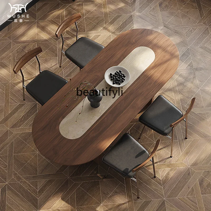 Y Medieval light French black walnut dining table travertine rock slab oval small apartment dining table
Y Medieval light French black walnut dining table travertine rock slab oval small apartment dining table