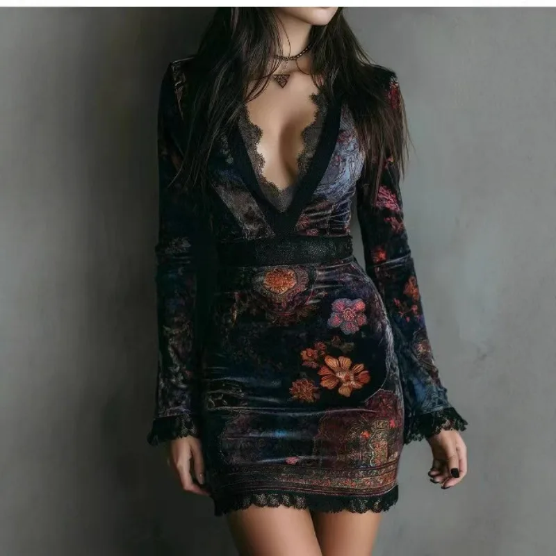 High Street Women V-Neck Spliced Lace Floral Printed Long-Sleeve Mini Dress Sexy Waist Pocket Hip Vintage A-Line Dress Elegant
High Street Women V-Neck Spliced Lace Floral Printed Long-Sleeve Mini Dress Sexy Waist Pocket Hip Vintage A-Line Dress Elegant