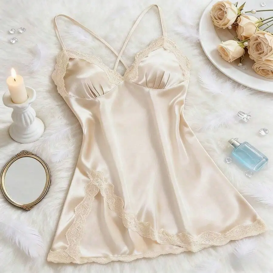Women Satin Lace Trim V Neck Crisscross Backless Sleep Dress With Side Split
Women Satin Lace Trim V Neck Crisscross Backless Sleep Dress With Side Split
