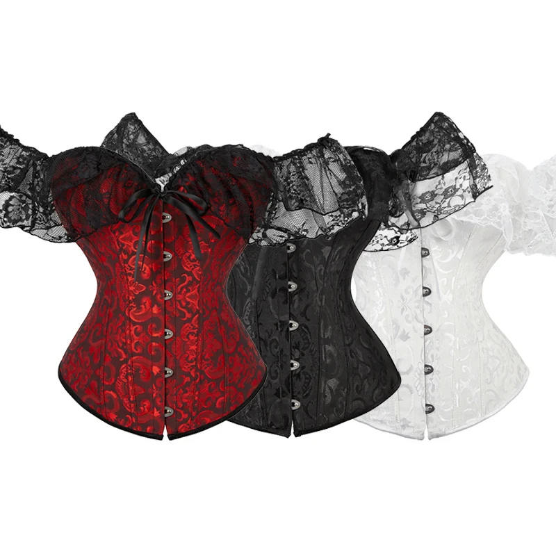 Women Vintage Jacquard Overbust Corselet Lace Sleeves Shoulder Floral Overbust Corset Victorian Women Sexy Bustier
Women Vintage Jacquard Overbust Corselet Lace Sleeves Shoulder Floral Overbust Corset Victorian Women Sexy Bustier