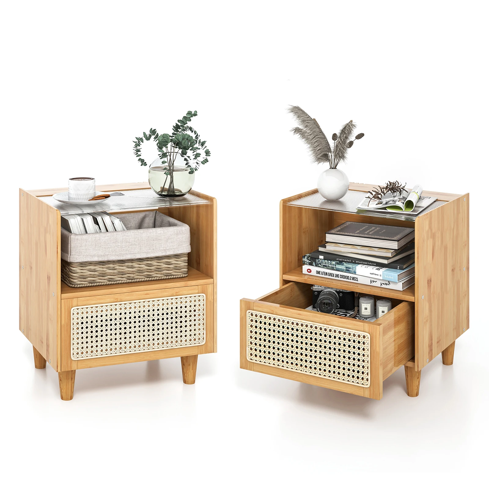 2PCS Bamboo Rattan Nightstand Boho Bedside End Table w/ Drawer Wood Legs Natural
2PCS Bamboo Rattan Nightstand Boho Bedside End Table w/ Drawer Wood Legs Natural