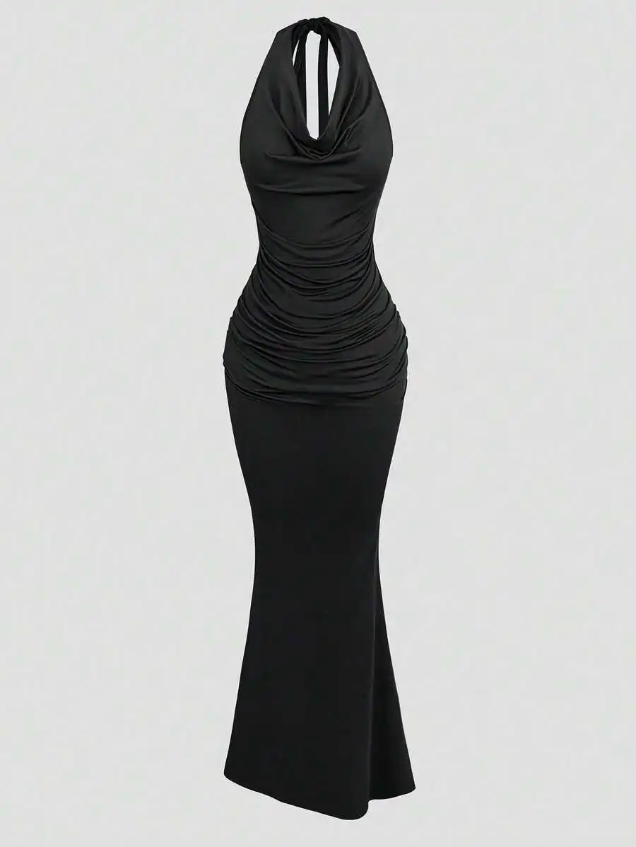 Black Halter Neck Ruched Bodycon Fishtail Midi Knit Dress for Evening Events
Black Halter Neck Ruched Bodycon Fishtail Midi Knit Dress for Evening Events