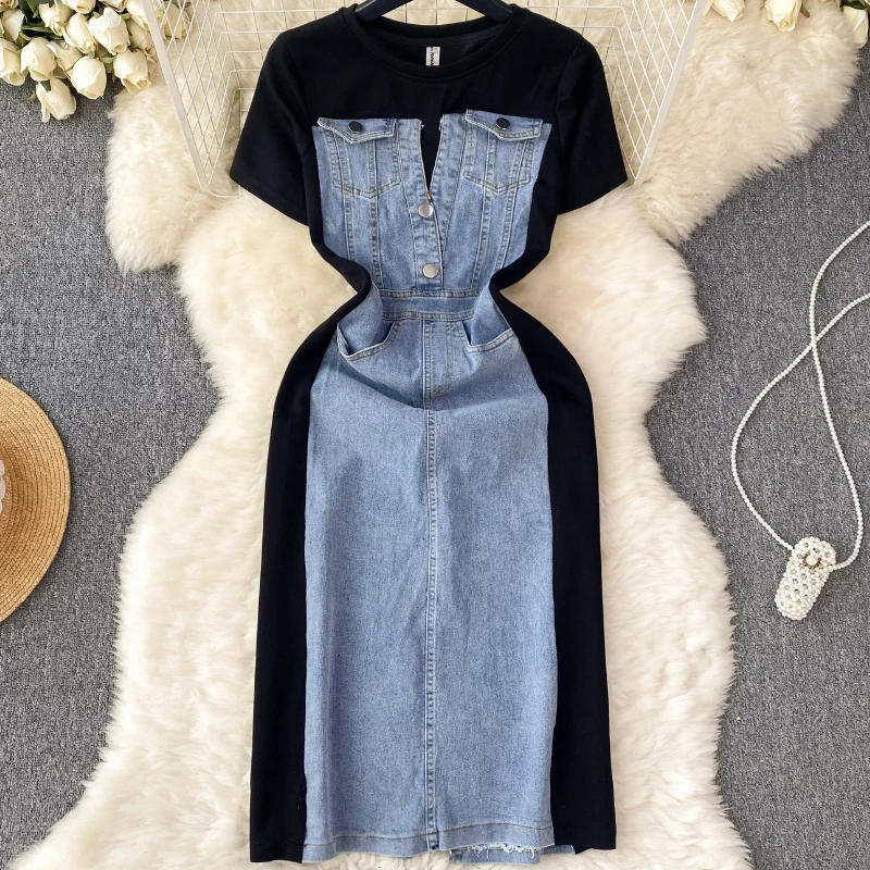 Korean Style Socialite Elegant Short Sleeve Slim Denim Patchwork A- Line Casual T-shirt Dress Summer 2025 Birthday Party Dress
Korean Style Socialite Elegant Short Sleeve Slim Denim Patchwork A- Line Casual T-shirt Dress Summer 2025 Birthday Party Dress