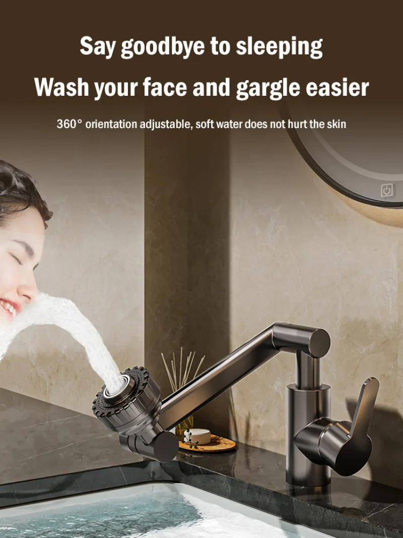 Household robotic arm universal swivel faucet Hot and Cold Water bathroom Sink kitchen 1080°Rotating Single-Hole basin faucet
Household robotic arm universal swivel faucet Hot and Cold Water bathroom Sink kitchen 1080°Rotating Single-Hole basin faucet