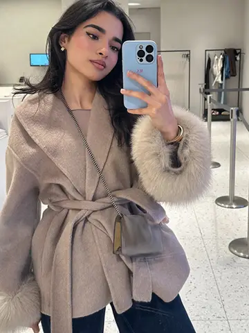 Chaqueta larga elegante de lana con cuello levantado y cinturón para mujer, abrigos de mezcla de lana para otoño 2025, prendas de vestir exteriores de una sola botonadura a la moda para mujer