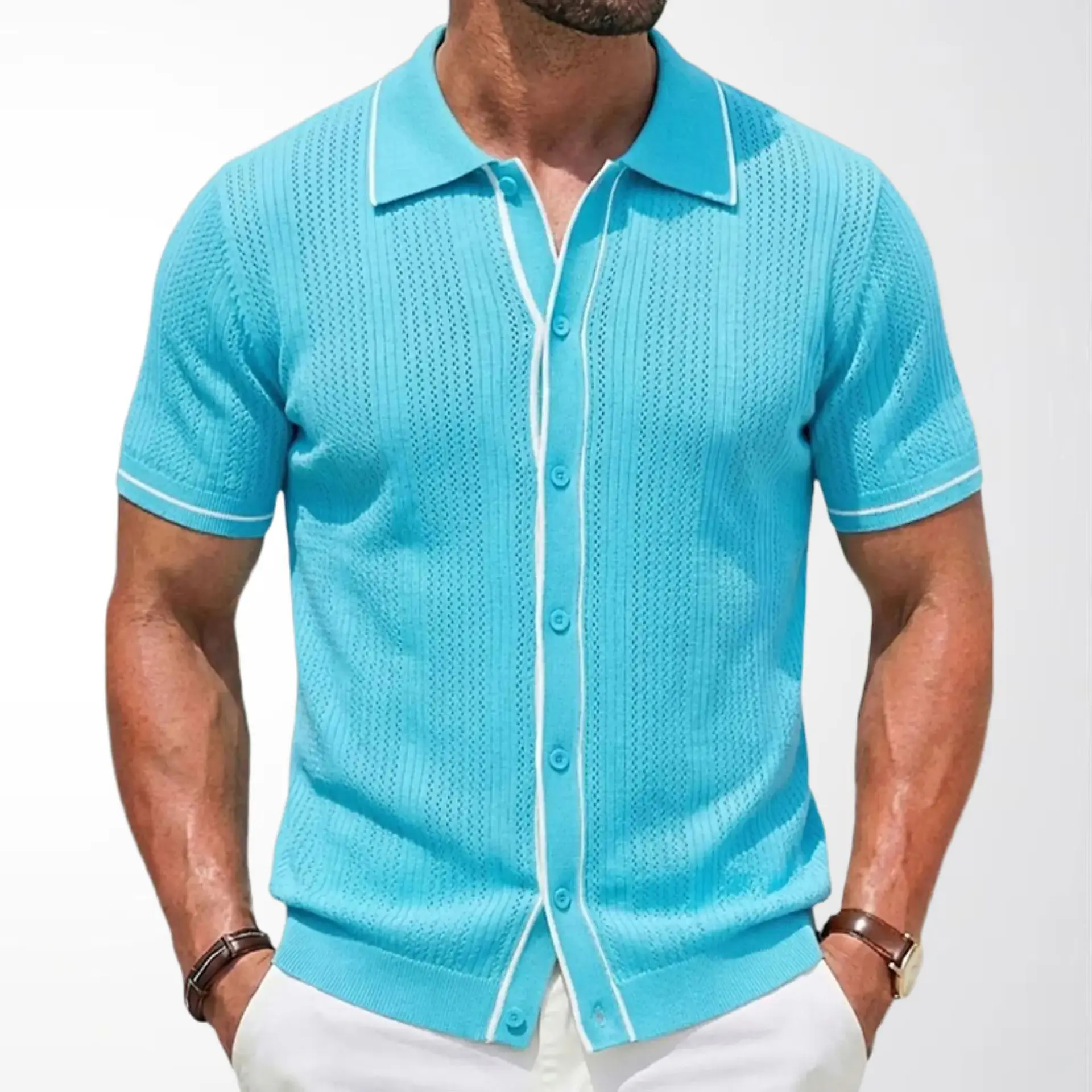 Мужская летняя трикотажная рубашка-поло с коротким рукавом в стиле бизнес-кэжуал
Мужская летняя трикотажная рубашка-поло с коротким рукавом в стиле бизнес-кэжуал