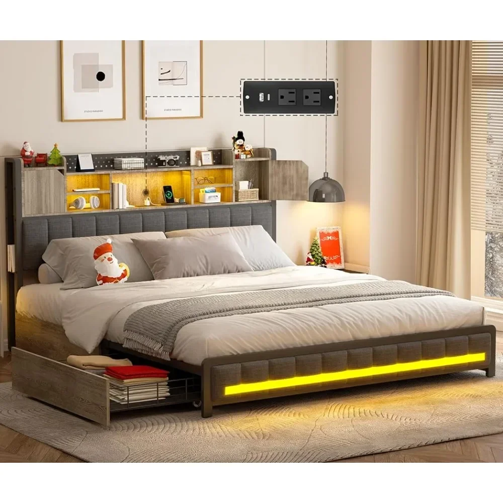 Queen/Full Bed Frame w/4 Storage Drawers & Bookcase Headboard, Upholstered LED Metal Platform Bed w/ Charging Station,Oak Gray
Queen/Full Bed Frame w/4 Storage Drawers & Bookcase Headboard, Upholstered LED Metal Platform Bed w/ Charging Station,Oak Gray