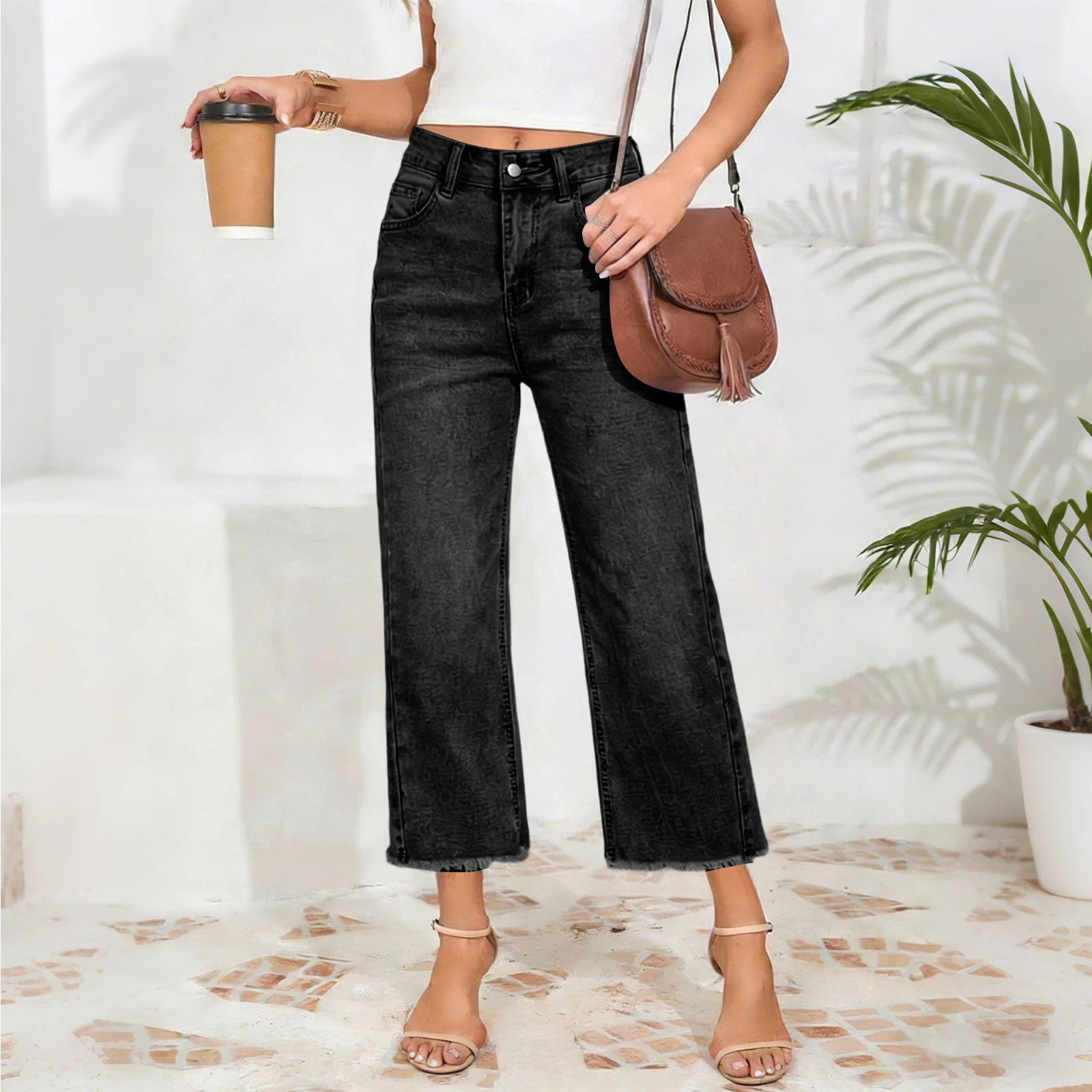 Women'S High Waisted Cropped Jeans Classic Frayed Hem Capr Pants Straight Leg Denim Trousers Casual Solid Color Slim Fit Fashion
Women'S High Waisted Cropped Jeans Classic Frayed Hem Capr Pants Straight Leg Denim Trousers Casual Solid Color Slim Fit Fashion