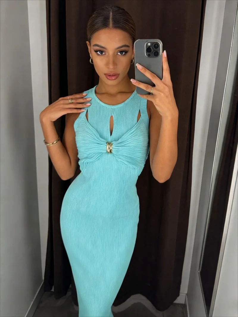 Fashion Sexy Hollow-out Chic Buckle Crewneck Dress Women's Summer Stretch Knitted Waist Dress Female A-line Slim Dress Elegant
Fashion Sexy Hollow-out Chic Buckle Crewneck Dress Women's Summer Stretch Knitted Waist Dress Female A-line Slim Dress Elegant