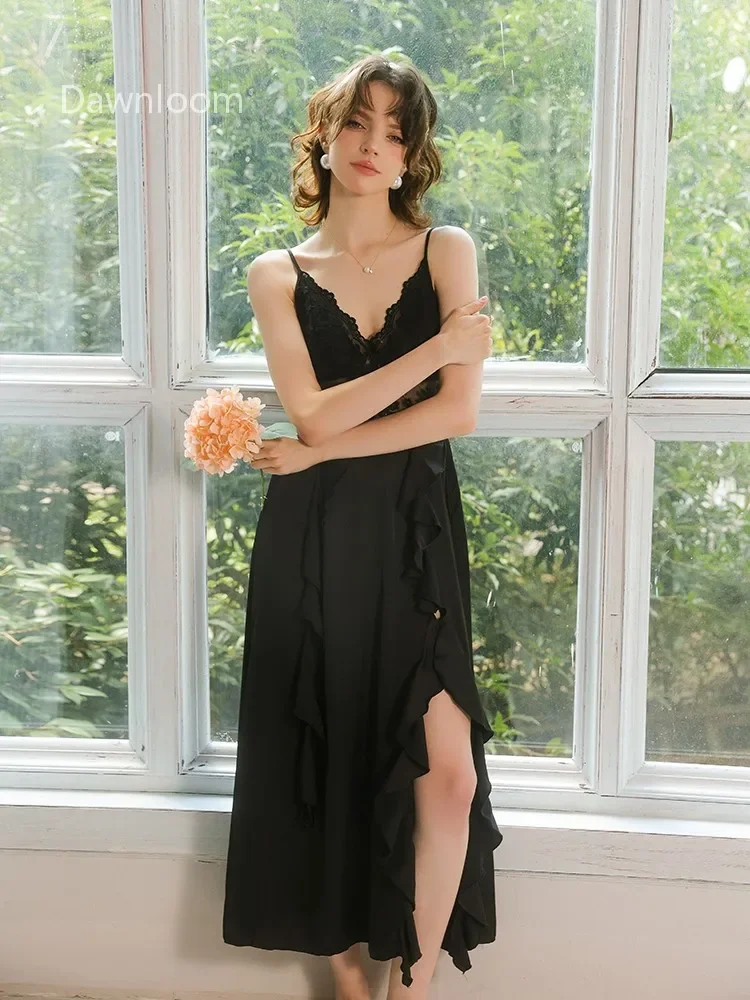Dawnloom Black Satin Lace-Spliced Thin Strap Ruffled Slit Long Nightgown for Women Luxury Sexy Elegant Home Loungewear
Dawnloom Black Satin Lace-Spliced Thin Strap Ruffled Slit Long Nightgown for Women Luxury Sexy Elegant Home Loungewear