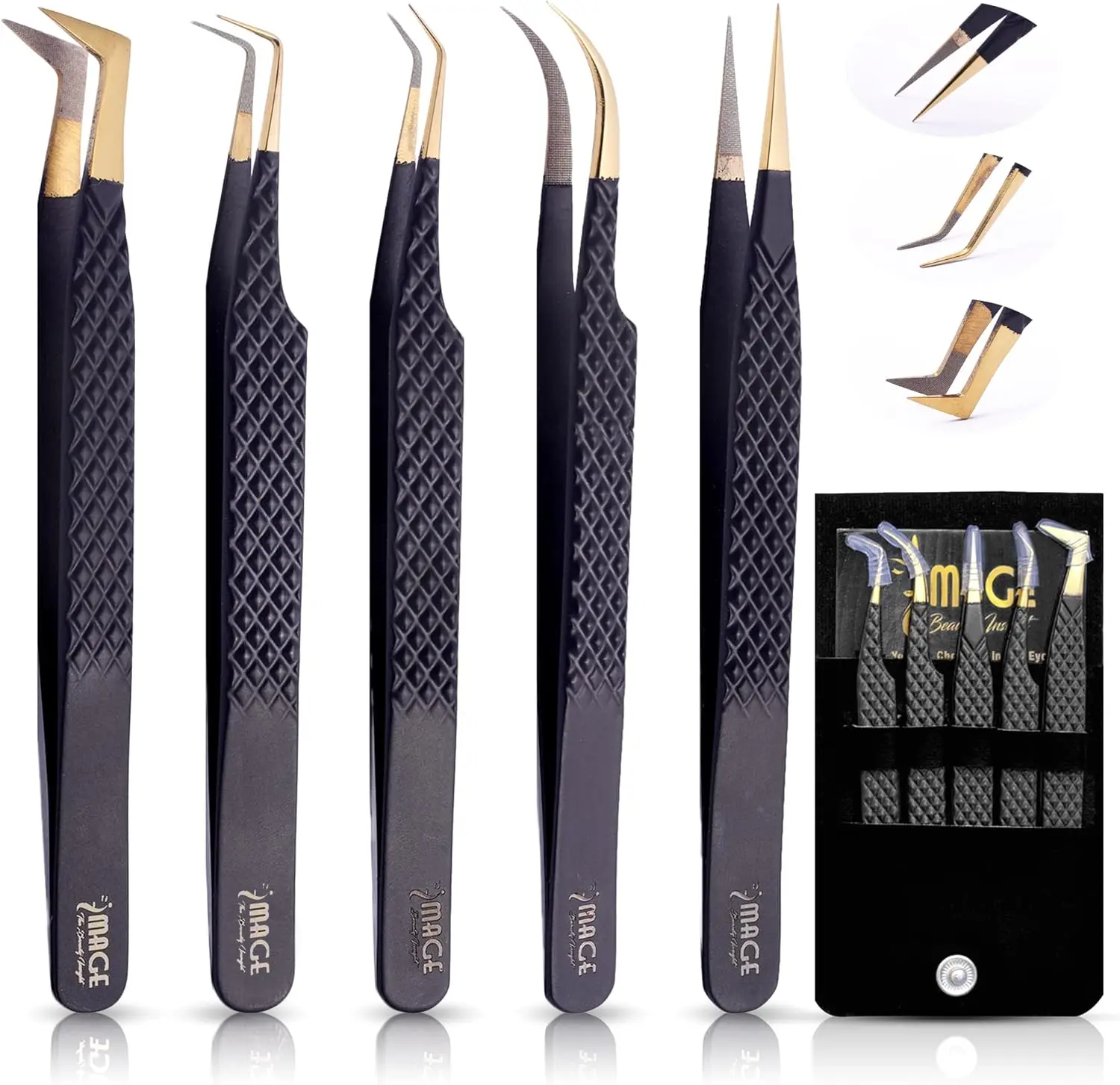 5Pcs Fiber-Tip Japanese Steel Lash Tweezer Set with Leather Case, Professional Eyelash Tweezers for Lash Extensions - Titanium Coated, 90 & 45 Angled, Precision Pointed Tweezers (MATT BLACK)
5Pcs Fiber-Tip Japanese Steel Lash Tweezer Set with Leather Case, Professional Eyelash Tweezers for Lash Extensions - Titanium Coated, 90 & 45 Angled, Precision Pointed Tweezers (MATT BLACK)