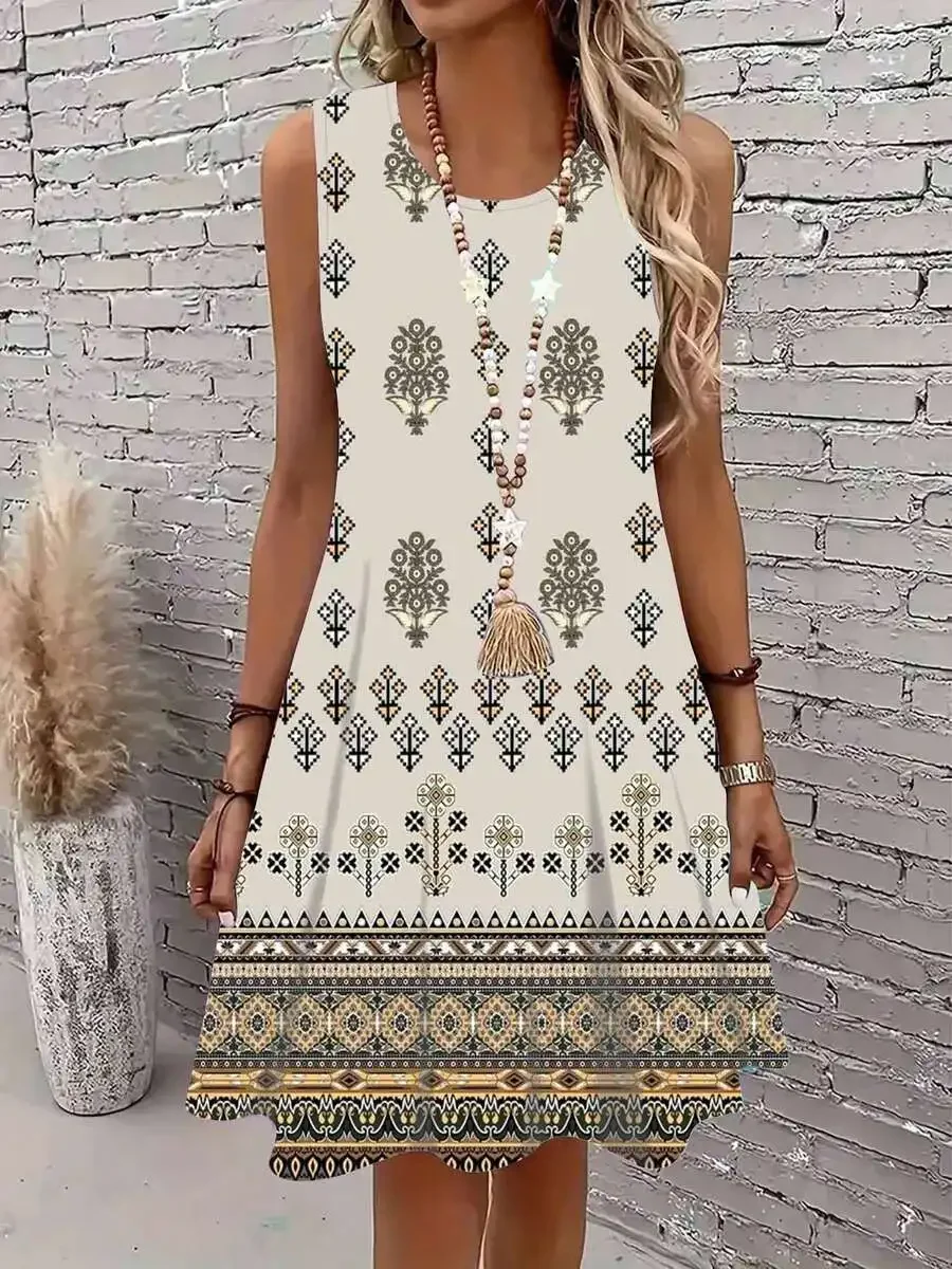 Boho Sleeveless Dress With Geometric Pattern And Tassel Necklace For Casual Wear
Boho Sleeveless Dress With Geometric Pattern And Tassel Necklace For Casual Wear